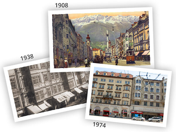Drei historische Fotos als Collage mit Jahreszahlen: Die Maria-Theresien-Straße 1908 mit der Annasäule, die Fassade 1938 und die Gebäudefront 1974.