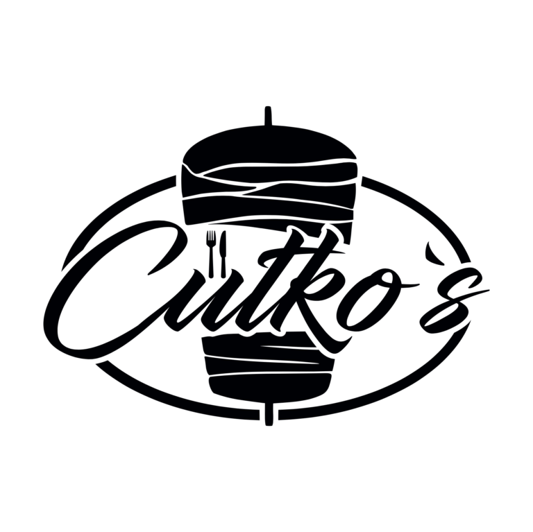 Ovales, schwarzes Logo von Cütko's mit Döner-Spieß-Illustration und geschwungenem Schriftzug auf weißem Hintergrund.