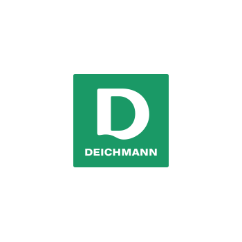 Quadratisches Deichmann-Logo in Grün mit einem großen weißen „D“ und dem Schriftzug „DEICHMANN“ auf weißem Hintergrund.