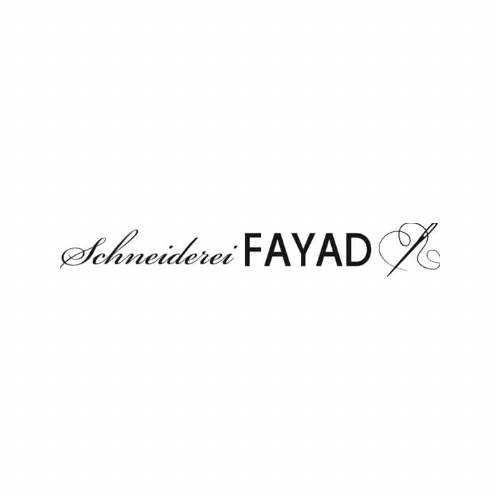 Elegantes, schwarzes Logo von „Schneiderei FAYAD“ in geschwungener Schrift mit einer feinen Nadel-und-Faden-Illustration.