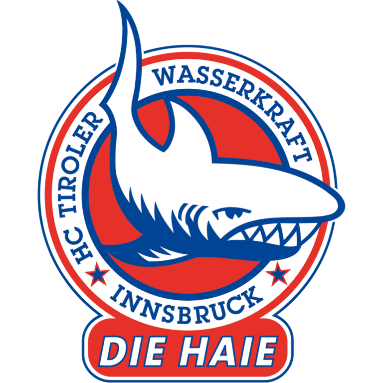 Rundes, rot-blau-weißes Vereinslogo des HC Tiroler Wasserkraft Innsbruck „Die Haie“ mit einem markanten Haifisch-Motiv.