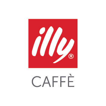 Das offizielle rot-weiße illy-Markenlogo mit dem grauen Schriftzug „CAFFÈ“ auf weißem Hintergrund.