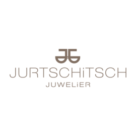Stilisiertes, elegantes Logo von „JURTSCHITSCH JUWELIER“ mit einem geschwungenen „JJ“-Monogramm auf weißem Hintergrund.