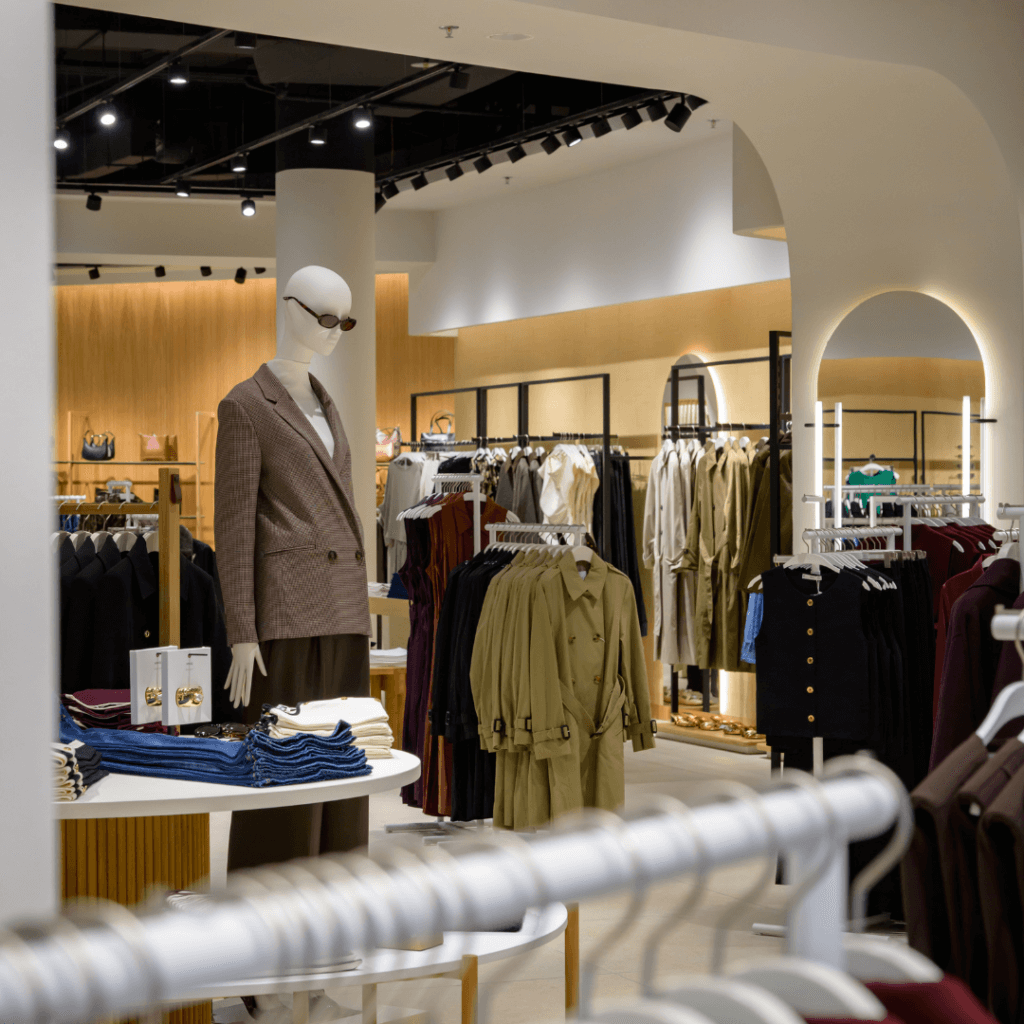 Verkaufsbereich der Damenabteilung bei Mango mit Schaufensterpuppe im karierten Blazer, Trenchcoats und gefalteten Jeans.