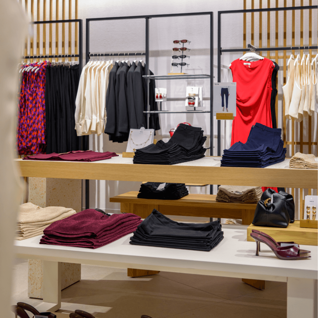 Präsentationstisch bei Mango mit ordentlich gefalteten Hosen, einem eleganten roten Kleid im Hintergrund und einem dunkelroten High Heel.