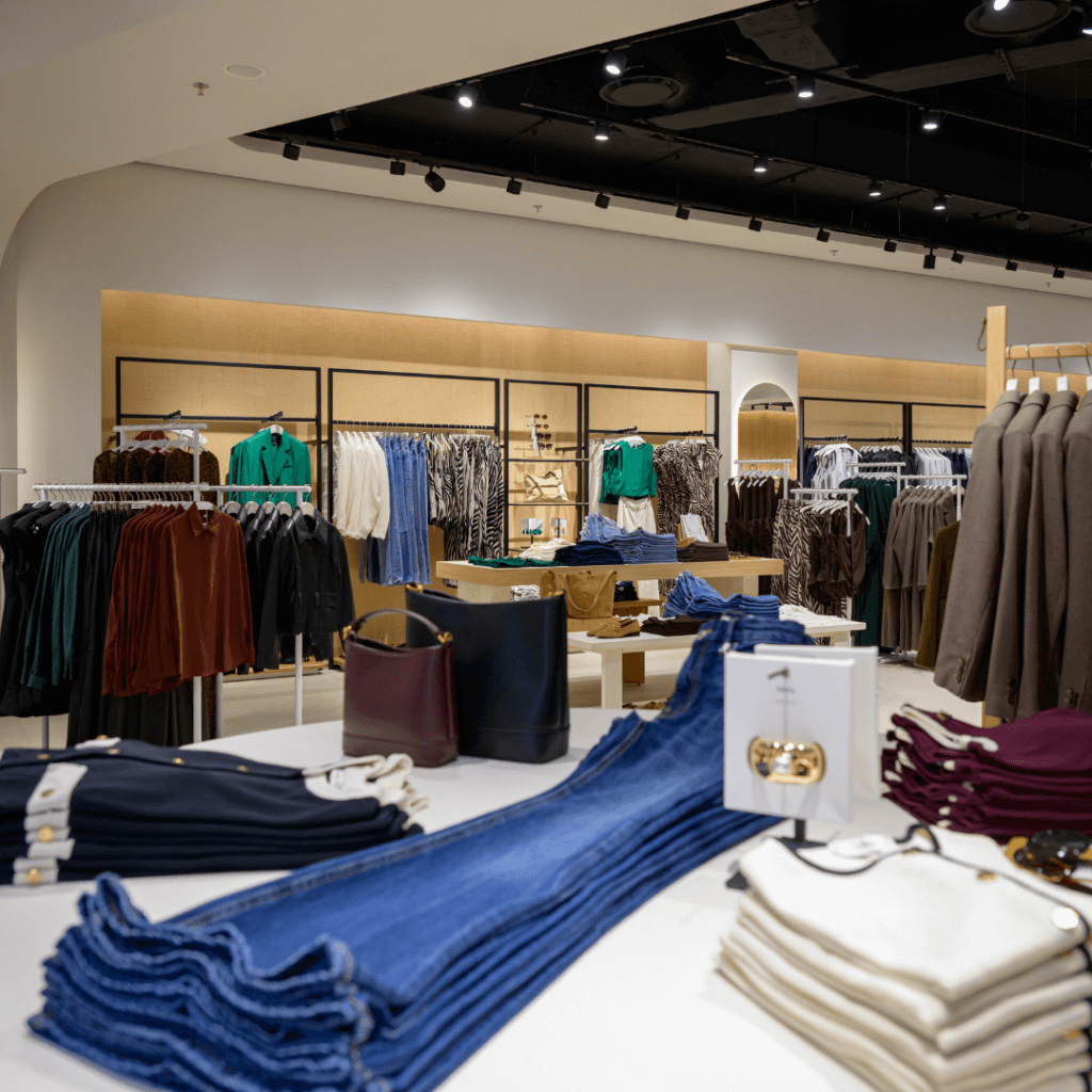 Hell erleuchteter Innenraum des Mango-Geschäfts mit Jeans im Vordergrund, Handtaschen und farbenfrohen Kleiderstangen im Hintergrund.