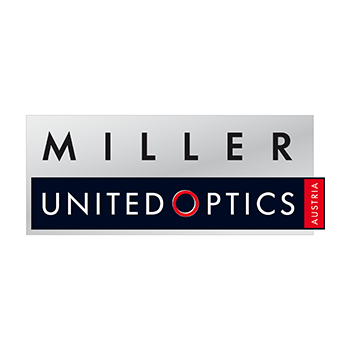 Offizielles Logo von Miller United Optics Austria in Silber und Dunkelblau mit rotem Akzent auf weißem Hintergrund.