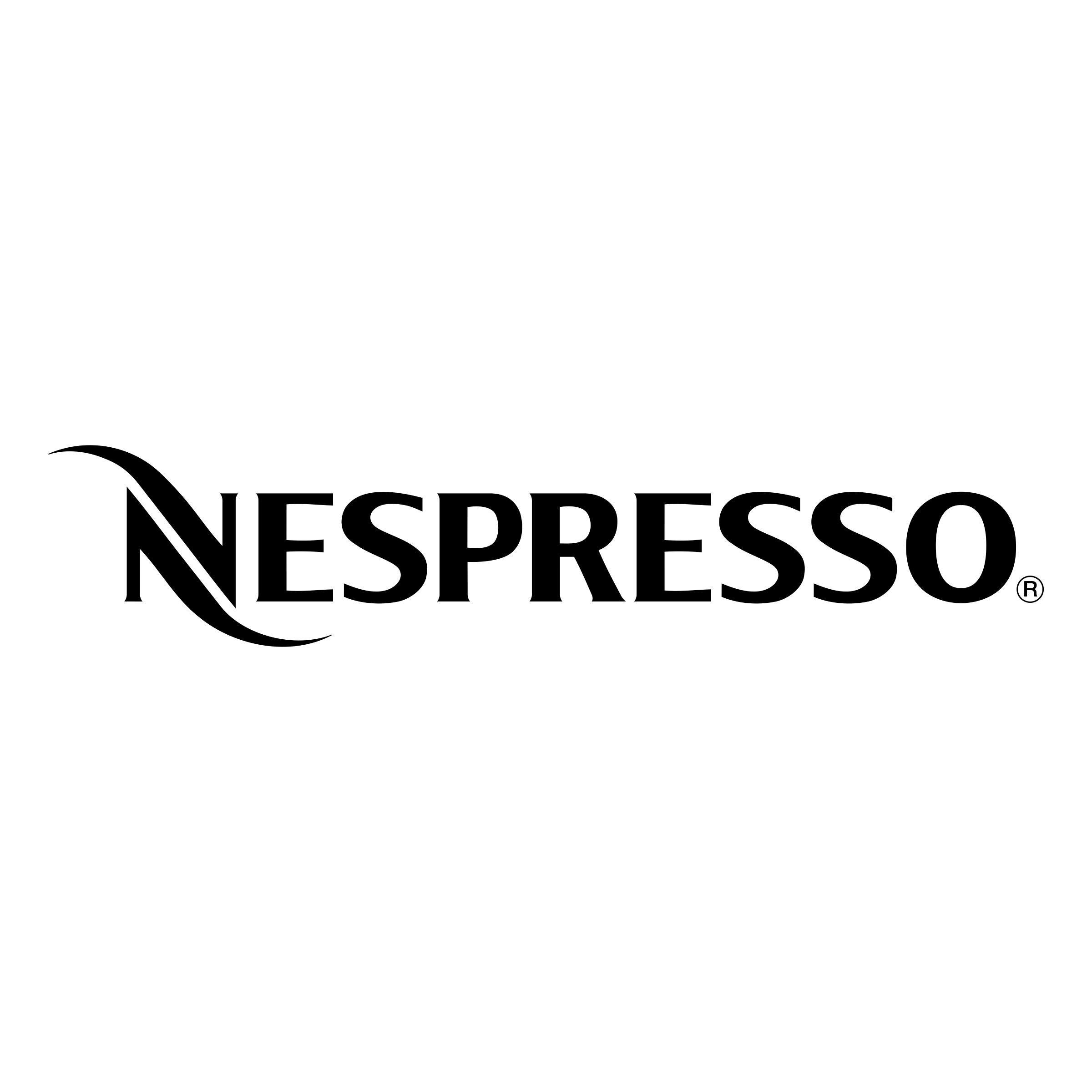 Das klassische, schwarze Nespresso-Logo mit der stilisierten N-Illustration auf weißem Hintergrund.