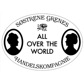 Das traditionelle, ovale Schwarz-Weiß-Logo von Søstrene Grene mit zwei Frauen-Silhouetten und dem Schriftzug „Handelskompagnie“.