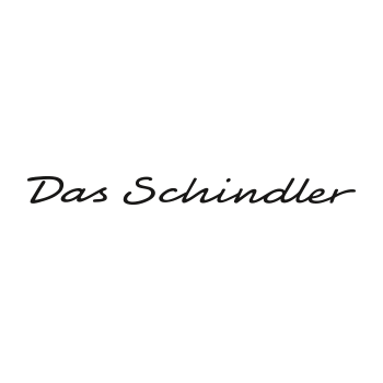 Minimalistischer, eleganter Schriftzug „Das Schindler“ in schwarzer geschwungener Schrift auf weißem Hintergrund.