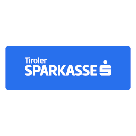 Blaues, rechteckiges Logo der Tiroler Sparkasse mit weißem Schriftzug und dem klassischen Sparkassen-S-Symbol.
