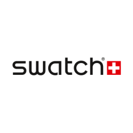 Das offizielle Swatch-Markenlogo in schwarzer Schrift mit dem charakteristischen, roten Schweizer Kreuz auf weißem Hintergrund.