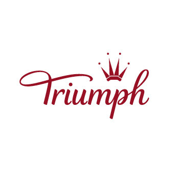 Elegantes, weinrotes Triumph-Logo in geschwungener Schrift mit einer kleinen Krone auf weißem Hintergrund.