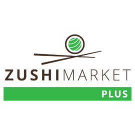 Modernes Logo von „ZUSHI MARKET PLUS“ mit einer stilisierten, grünen Sushi-Rolle und zwei gekreuzten Essstäbchen.